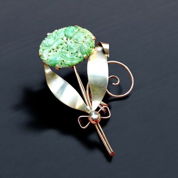 🌺RARE Vintage Sterling/Gold Jadeite Flower Brooch - Picture 16 of 16